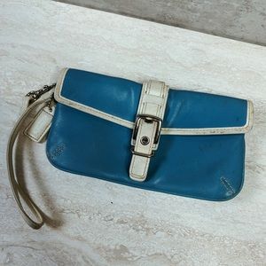 Coach Blue and White Leather Womens Wristlet w/ White Signature Tag